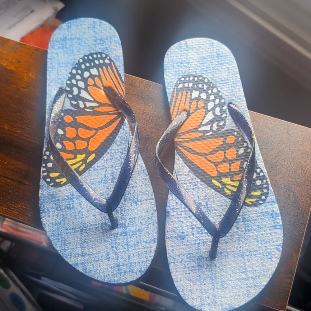 Mixit Womens 11/12 Flip Flops Sandals Denim Blue Butterfly Summer